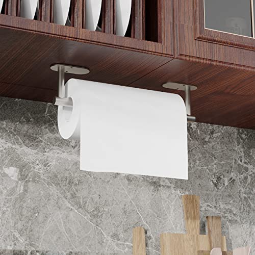 Image of RUACQ Paper Towel Holder Under Cabinet, Wall Mounted or Adhesive Stainless Steel Paper Towel Holder,Round Base Paper Towel Rack for Kitchen, RV, Bathroom (Sliver)