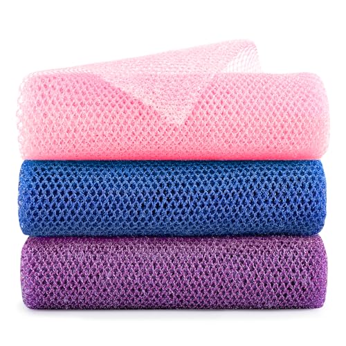 GLOBECARRY African Net Sponge Extra Long 3 Pieces Loofah Back Scrubber for Shower Exfoliating Washcloth & Body Scrubber 39.37 L x 12.99 W Bath Sponge (Blue Pink Purple)