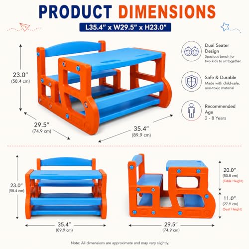 Image of eHomeKart Kids Double Seater Study Table & Bench Set of 2 | 90x75x58 cm | Set of Two School Senior with Backpack Storage | Children Activity Desk Chair for Boys & Girls | Age 3-10 Years (Two Bench)