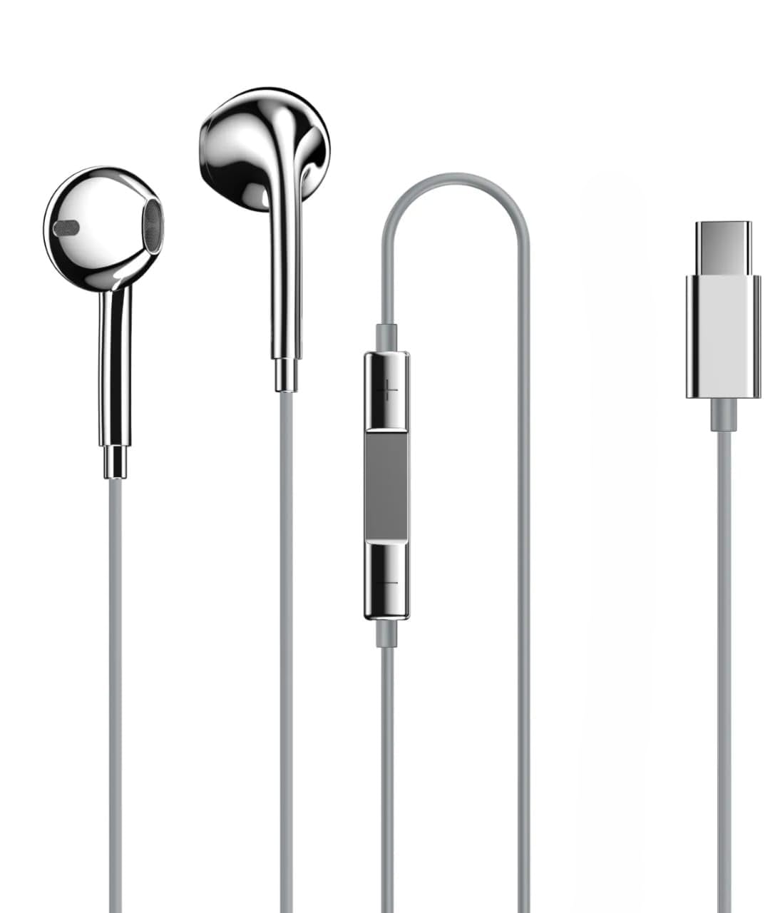 Amazon Brand - Type C Wired Earphones with Microphone, Silver Electroplated Chrome in-Ear Earbuds, Earphones with HD Stereo Sound, Noise Isolatin, Built-in Mic Silver Chrome Coated Wired Headphones-image-1