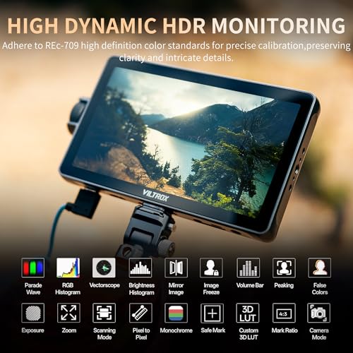 Image of VILTROX 7'' Camera Field Monitor 2800 Nits Touchscreen Camera Monitor, Full HD 1920x1080 Video Monitoring, 3D Lut, RGB Parade with Sunshade Hood and Battery for Sony Canon Nikon (DC-A1)