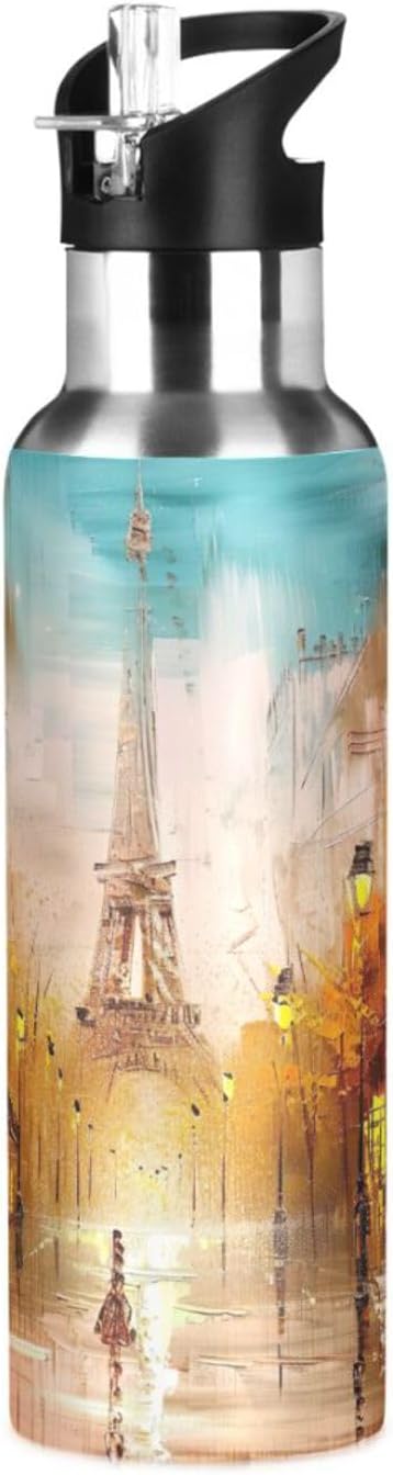 Insulated Water Bottle 20 Oz, BPA-Free Sport Water Bottle for Gym Outdoor Travel School, Painting Street Paris Eiffel