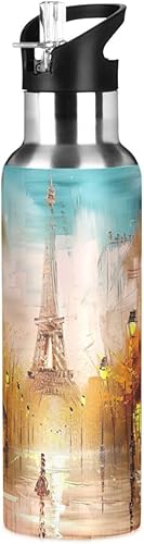 Insulated Water Bottle 20 Oz, BPA-Free Sport Water Bottle for Gym Outdoor Travel School, Painting Street Paris Eiffel