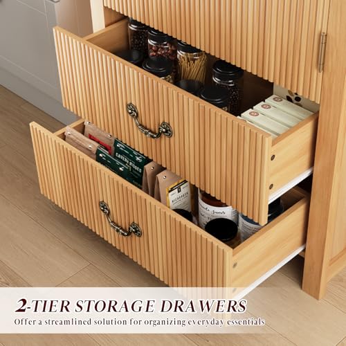 Image of FURSUN 71 inch Arched Storage Cabinet with Fluted Doors, Tall Wood Pantry Cabinet with Drawers & Adjustable Shelves, Modern Coffee Bar Cabinet, Natural Oak