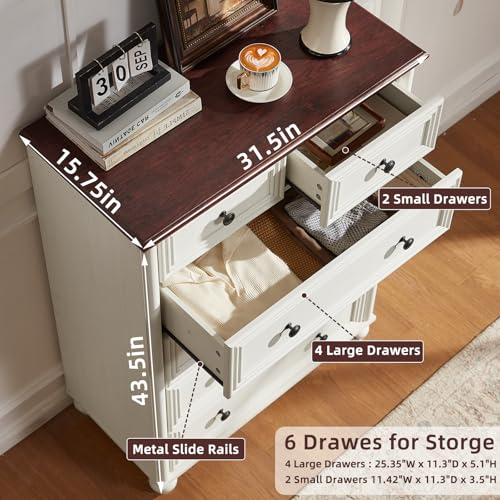 Farmhouse 6 Drawer Dresser, Chest of Drawers for Bedroom, 43.5" Tall Wood White Kids Dresser with Roman Column and Metal Handles, Storage Dressers Organizer for Living Room, Hallway, Closet