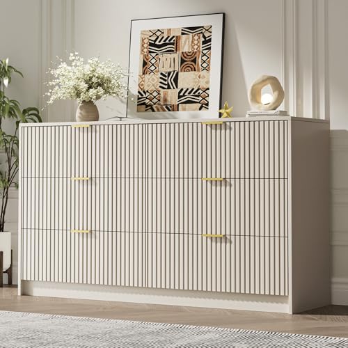 Image of MAISONARIA 6 Drawer Dresser for Bedroom, 55 inch Wide Modern Chest of Drawers with Gold Metal Handles, Fluted Wood TV Stand for Living Room, Hallway(Beige)
