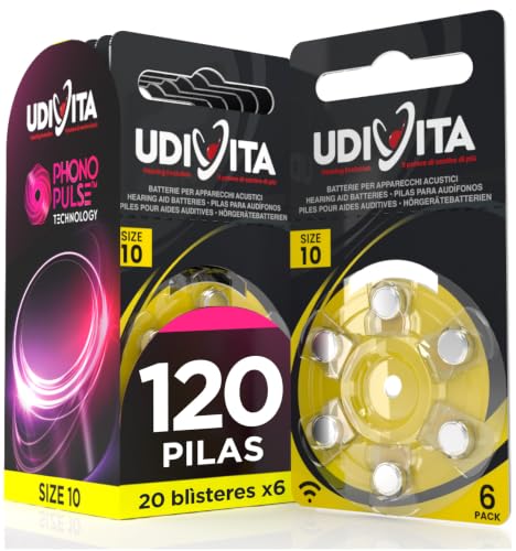 120 Pilas para Audífonos Tamaño 10 (Amarillas) PR70 Udivita Zinc Aire Tensión Estable Larga Duración Compatibles con Todos los Dispositivos – 20 Blister de 6 Pilas