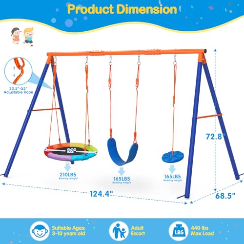 Image of GIKPAL Swing Sets for Backyard, 3 Seats with Saucer, Belt and Disc Swing | 32 inch saucer, 26 inch belt seat, tree disc swing let up to three kids play; 124.4 inch wide frame is best for larger, level yards.