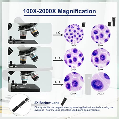Lamulaauto CM001B Microscope For Adults Kids Students, 100X-2000X Microscopes, Metal-Body Dual Led Illumination, Biological Compound Monocular Microscope Kit For School Lab thumb #1