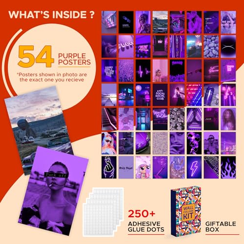 Image of CodersParadise Purple Wall Collage Kit - Aesthetic 4x6 Inch Posters for Bedroom, Dorm, Office & Living Room Decor | Premium Purple Theme Cardstock Wall Art Prints with Glue Dots Included (Pack of 54)