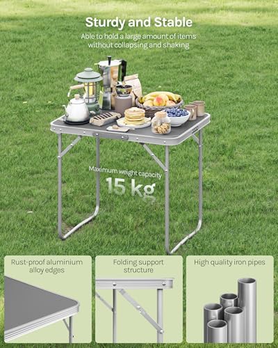 Image of WOLTU CPT8135gr Camping Table Folding Travel Table with Handle 70 x 50 x 60 cm (L x W x H) Folding Garden Table Made of Aluminium and MDF for Picnic Beach Outdoor Grey