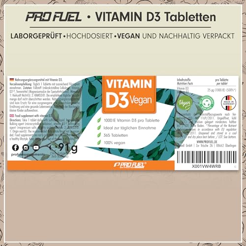Vitamin D3 VEGAN 1000 IE - 365 Tabletten - Jahresvorrat Vitamin D3 - optimal hochdosiert mit Premium-Rohstoff RAWD3® - für Immunsystem und Knochen - laborgeprüft mit Zertifikat - 100% vegan