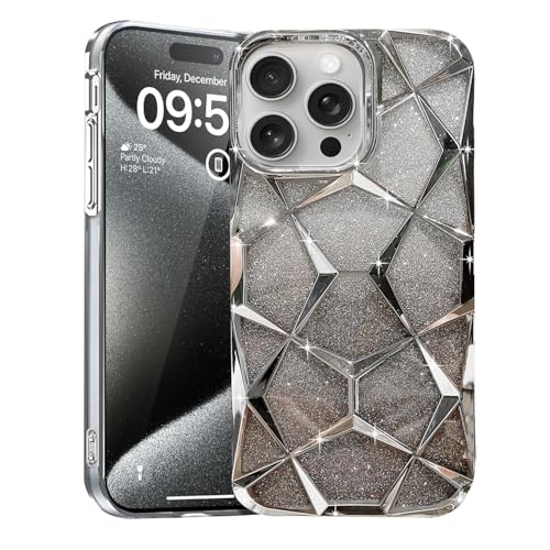 Image of VONZEE Compatible with iPhone 15 Pro Max Gradient Glitter Case, Luxury Electroplated 3D Cube, Diamond Bling Shiny Soft TPU Clear Shockproof Case Women Girls Protective Phone Cover (Grey)