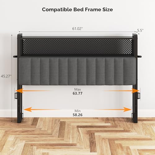 Image of VINGLI Queen Size Headboard Only, Adjustable Upholstered Headboard with 2 Tier Shelves and Pegboard with Charging Stations and LED Lights, Modern Bed Headboard with Storage for Bedroom Decor
