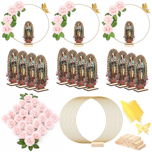 BreezeHug 12 Pcs Baptism Centerpieces for Table Centros De Mesa para Bautizo Bodas Decorations 12 Wood Our Lady of Guadalupe 12 Floral Hoop with Stand 24 Foam Rose with Stem for Baptism Baby Shower