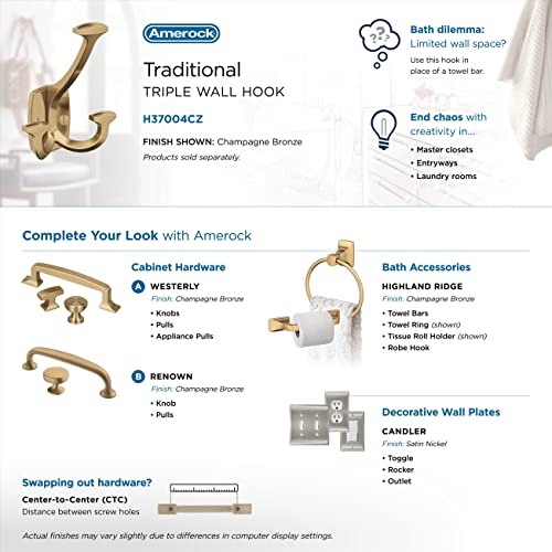 Image of Amerock Vicinity Triple Prong Champagne Bronze Wall-Mounted Hook