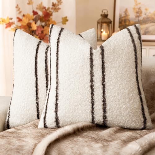 Image of Foindtower Pack of 2 Soft Faux Fur Boucle Throw Decorative Pillow Covers Fuzzy Accent Striped Cushion Sherpa Boho Farmhouse Pillowcase for Couch Sofa Bed Living Room Home Decor 20x20 Inch,Ivory