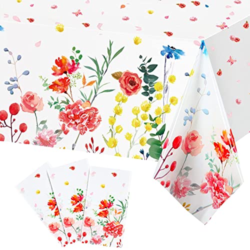3 Pieces Summer Floral Table Cover Watercolor Wild Flowers Tablecloth Plastic Floral Tablecloth For Easter, Dining Kitchen Room Picnic Camping Party Holiday Decor, 54 X 108 Inch (Bright Style) #TOP18