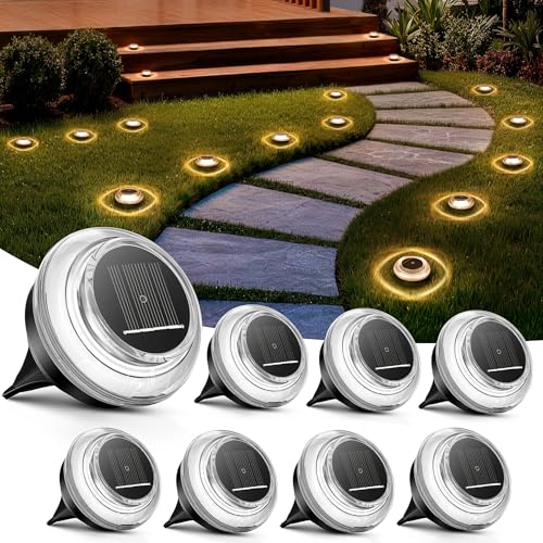 8 Stück Solar Bodenleuchten Außen LED Solarleuchten Garten IP65 Wasserdicht Solarlampen für Außen mit 4 LEDs Dekorative Gartenbeleuchtung für Rasen Patio Balkon Auffahrt&Gehweg Warmweiß