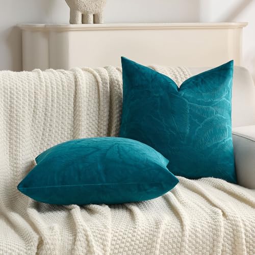 Image of FUTEI Pack of 2 Velvet Throw Pillow Covers 16x16 Inch Soft Embossed Leaf-Relief Textured Decorative Cushion Cases Modern Natural Farmhouse Accent for Couch Bed Living Room, Teal