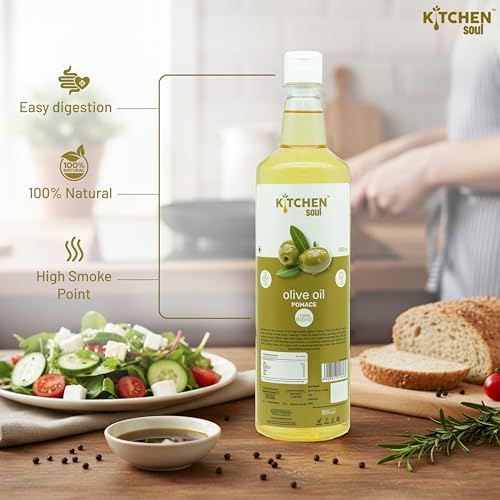 Image of KITCHEN SOUL Olive Pomace Oil 1L | Pure Refined Olive Oil for Deep Frying, Cooking & Sauteing | High Smoke Point | Heart Healthy Edible Oil | No Preservatives