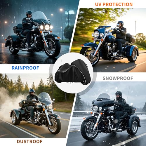 Image of COVERVIN Trike Cover Waterproof, Heavy Duty 3 Wheel Motorcycle Cover for Harley Honda Goldwing Freewheeler Tri Glide Ultra, with Antenna Zipper, Windproof Buckles & Reflective Strips (Black)