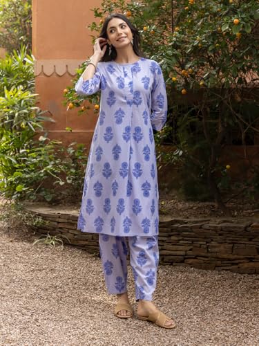 Image of FIORRA Women's Blue Cotton Flared Kurta Set