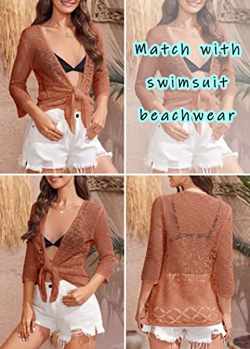 Image of Nulibenna Womens Sheer Shrug Sweaters 3 /4 Sleeve Open Front Tie Cardigan Bolero Jacket Lightweight Crochet Knit Cover Up Tops