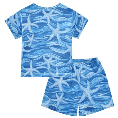 ALAZA Blue Starfish Cartoon Pajamas Set Short Sleeve Cotton Sleepwear Summer Pjs 2 Piece 5-14Y2