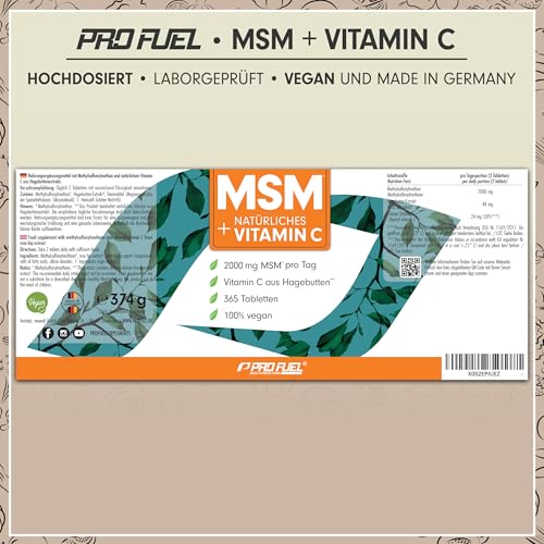 MSM 2000mg pro Tag + natürliches Vitamin C - 365 MSM Tabletten mit Methylsulfonylmethan - kompakteres MSM Pulver als bei MSM Kapseln - hochdosiert mit 1000 mg pro MSM Tab - laborgeprüft mit Zertifikat