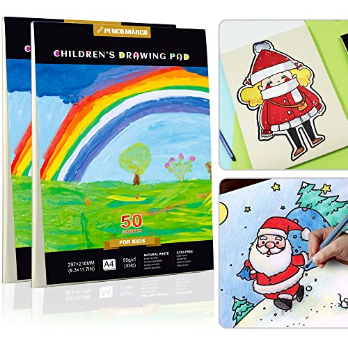 PENCILMARCH A4 Carnet De Dessin Pour bébé, Kids Papier à Dessin 55g*50 Feuilles, Blanc Naturel IdéAl Pour Le Dessin Et Les ActivitéS CréAtives convient aux étudiants et aux adolescents Cover