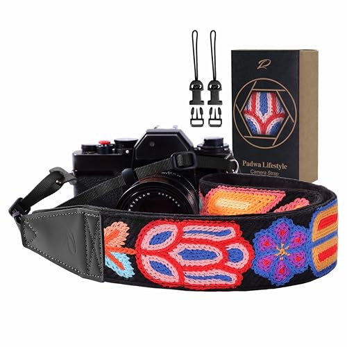 Image of Padwa Lifestyle Colorful Crochet Camera Strap - 2 inch Full Grain Leather Ends Camera Straps for Photographers, Vintage Woven Cotton Soft Suede Fabric Padded Strap with Quick Release fits All Cameras