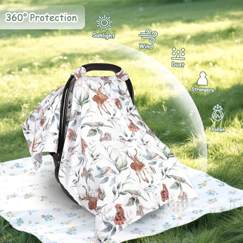 Image of TANOFAR Baby Carseat Canopy, Peekaboo Opening Car Seat Canopy for Babies, Soft and Breathable Infant Carrier Canopy, Multi-use Baby Carrier, Stroller, Nursing Cover, Minky Blanket, Animal Leaf
