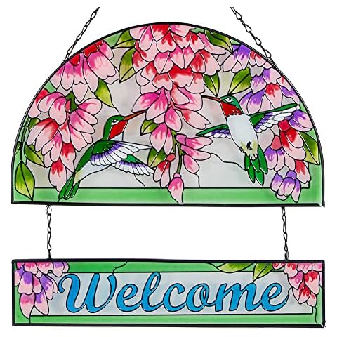 Qipade Stained Glass Window Hanging, Hummingbird Stained Glass Panels Hand-Painted Welcome Sign Glass Suncatcher for Wall Home Door Decoration, Gift for Mom Grandma Cover