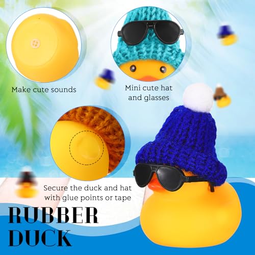48 Pcs Mini Rubber Duck in Bulk with 48 Pcs Sunglasses and 48 Pcs Knitting Hats Sets, Duck Bath Rubber Ducky Bathtub Toys for Gift Cruise Birthday Baby Shower Party