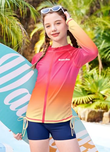 Image of BesserBay Girls Rash Guard UPF 50+ Zip Up Raglan Long Sleeve Adjustable Drawstring Swim UV Jacket 4-14 Years