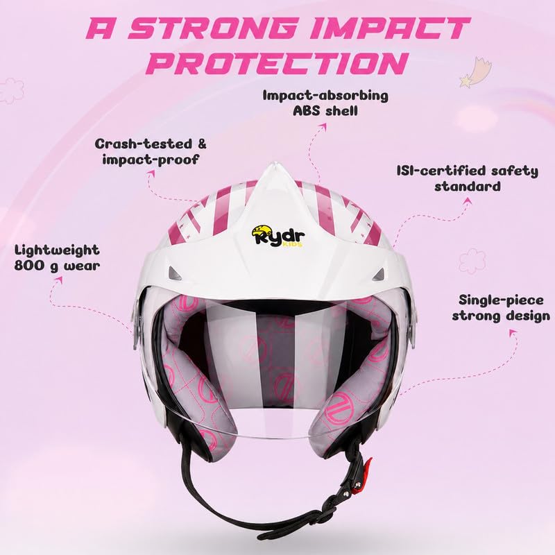Image of Rydrkids Star S-Peak Nova Pink Kids Motorcycle Helmet with Visor & Peak - Size S 3 to 7 Years, Lightweight & Adjustable Safety Helmet for Girls