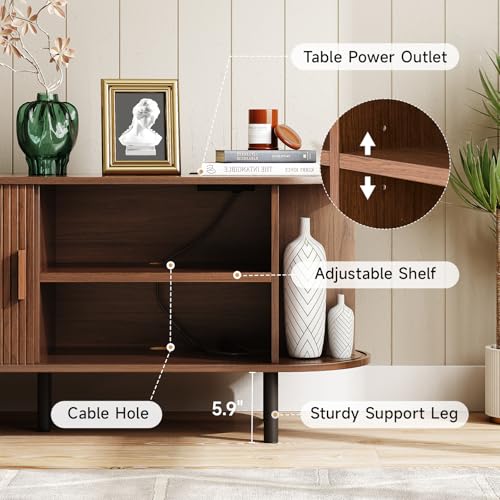 Image of ONBRILL 70.8 inch TV Stand with Power Outlet for TVs up to 75 Inch, Entertainment Center with Storage and Adjustable Shelves, Modern Media Console with Sliding Doors for Living Room, Walnut