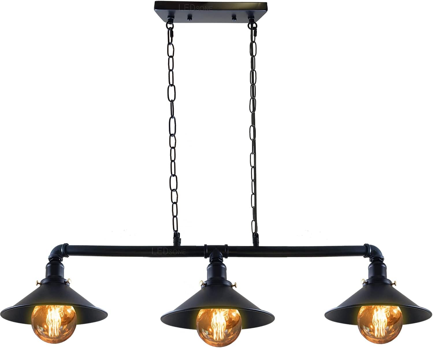 LEDSone Lampada a sospensione industriale 3 vie, paralume nero, tubo dell'acqua in metallo, attacco luce vintage, confezione da 2 (Nero, confezione da 2)