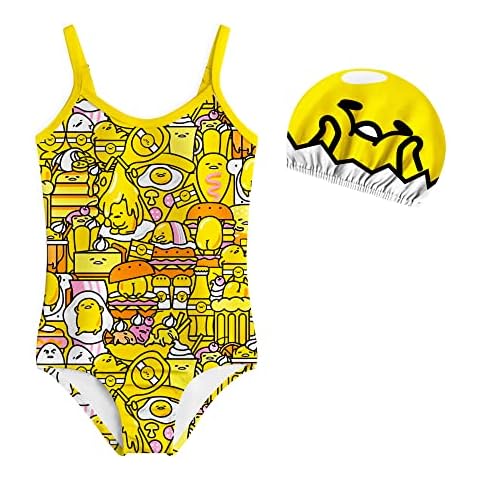 Little Girls Gudetama Bathing Suits Double Shoulder Sling Swimsuit Swim Cap Set Swimwear 6-12 Years Yellow Cover