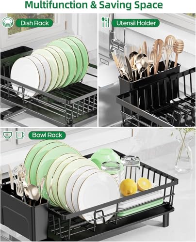 Image of HomeCloud Stainless Steel Dish Drying Rack for Kitchen Counter with Feet, 38 x 28 x 15 cm, Anti-Rust Dish Drainer with Smart Drainage Tray & Cutlery Holder (Black)