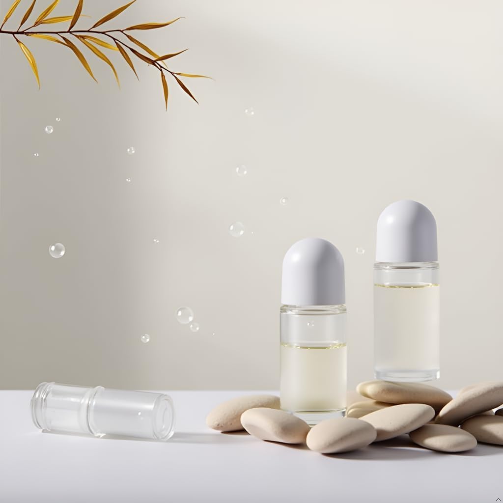 Lot de 2 flacons roulants vides en verre de 50 ml avec bille en plastique, flacons à bille roulante anti-fuite avec bouchon blanc pour huiles essentielles rechargeables