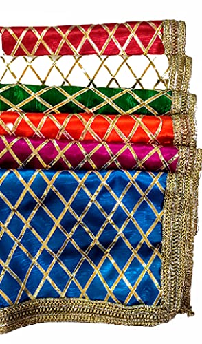 Golden lace gotta work checks silk Fabric Attractive Chunri for MATA Rani, 11 * 14 inch, Multicolour -Set of 6