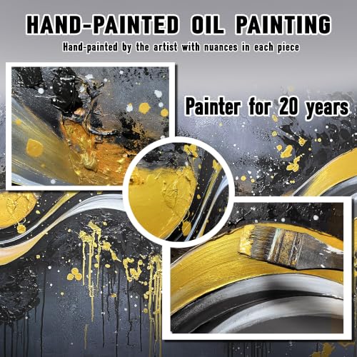 Image of AOZEMI Abstract Wall Art for Living Room Art Hand Painted Artwork | Black Wall Decor Large Gold Art Picture for Bedroom Office Luxury Splatter Decor 72 inchL x 36 inchW
