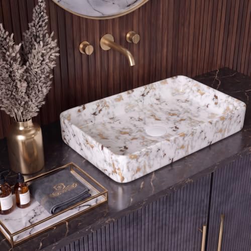 Image of Wash Basin Countertop | Tabletop Ceramic Bathroom Sink | Wash Basin Over Counter (Modern - White Gold 24 x 14 x 5 Inch)