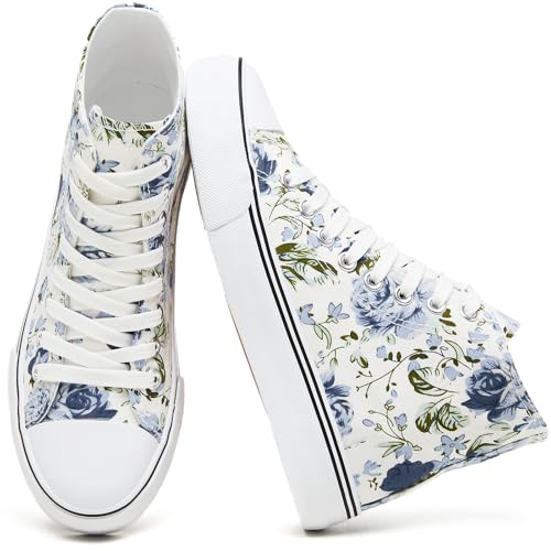 yageyan Womens High Top Canvas Sneakers Fashion Lace up White Shoes for Women Casual Classic(Blue09
