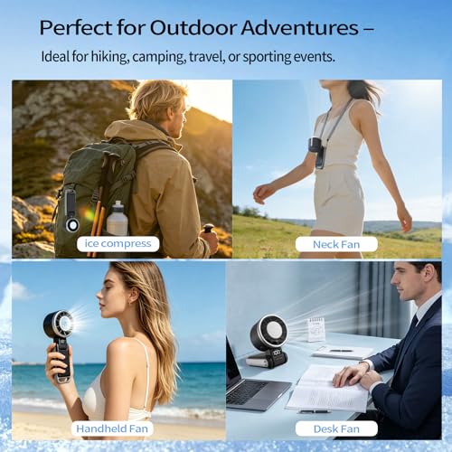 Image of Portable Handheld Turbo Fan with Ice Cooling, 4000mAh Rechargeable, 8m /s High Speed Turbo Fan, 3-in-1 Hand /Neck /Desk Fan with Carabiner for Travel, Outdoor, Beach & Office