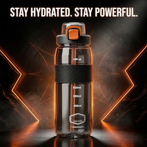 Image of Atarangi 1500ml Motivational Water Bottle with Straw & Time Marker | Leak Proof Tritan Plastic Sipper Bottle with Lock & Handle | Large Capacity Gym Bottle for Men Women Kids | Black & Orange