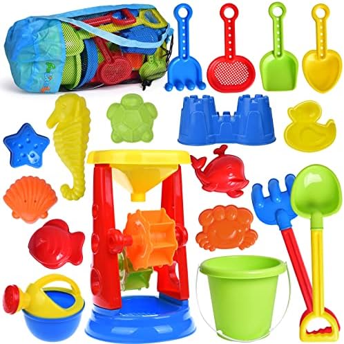 FUN LITTLE TOYS Kids Beach Sand Toys Set Sand Water Wheel, Beach Molds, Beach Bucket Beach Shovel Tool Kit, Sandbox Toys for Toddlers, Kids Outdoor Toys, Snow Toys 19 Pieces