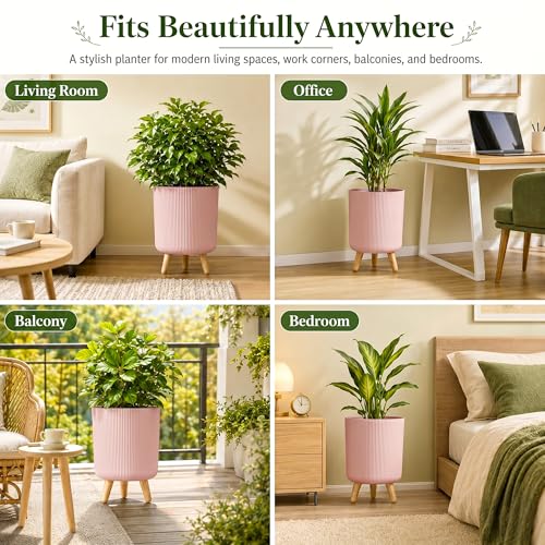 Image of Eightiz Store Modern Pink Flower Pot with Plastic Legs | Indoor Outdoor Planter for Home Garden Balcony Decor Ribbed Design Sturdy Plastic Mid-Century Style (Pink, Pack of 2)
